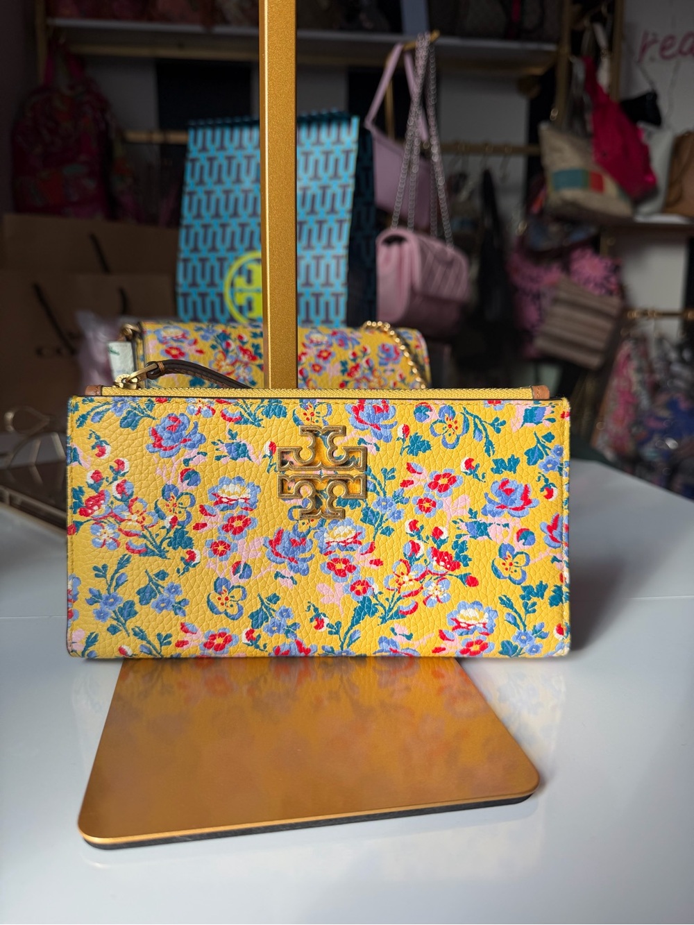 Tory Burch Yellow Floral Leather Zip Wallet with Gold Logo